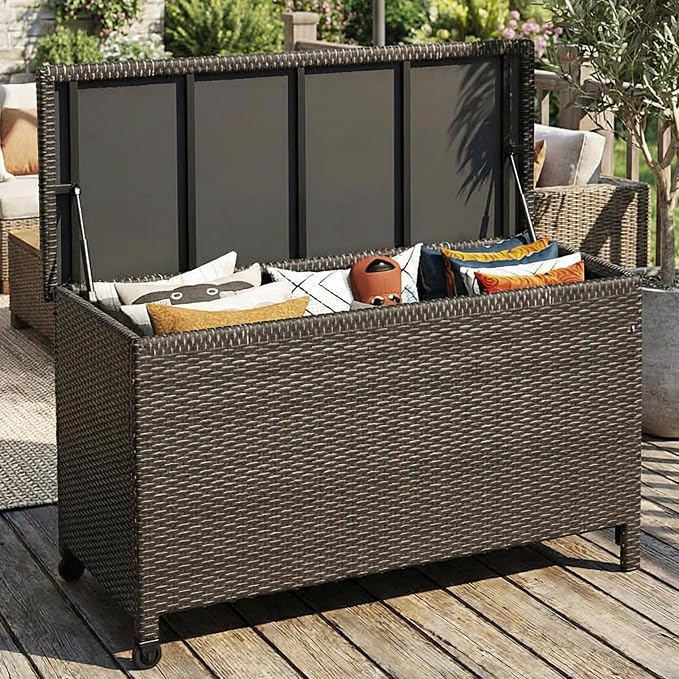 185 Gallon Outdoor Storage Box with Wheels - Large Wicker Rattan Deck Box for Patio Cushions, Garden Tools, Pool Floats & Pillows, All-Weather Patio Furniture Storage, Brown