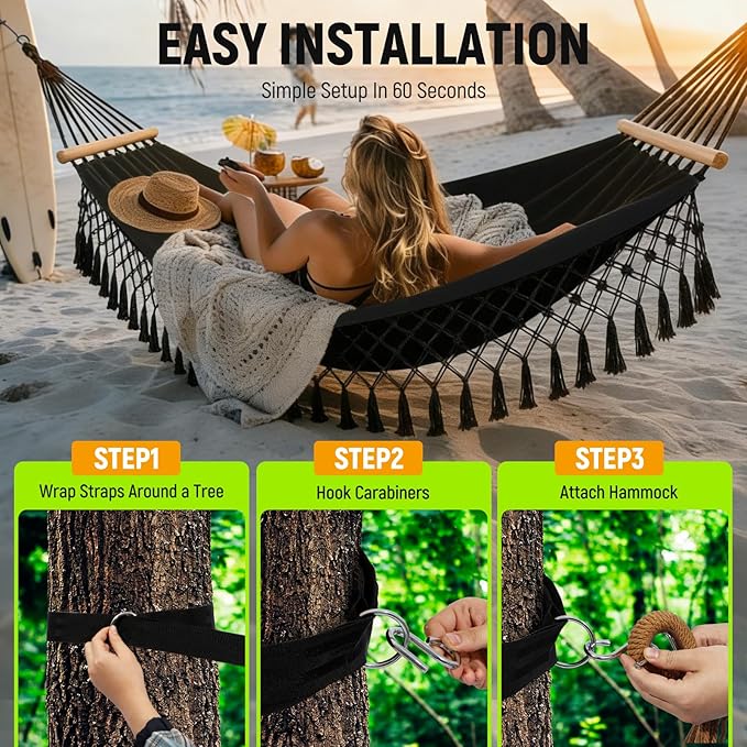 Portable Hammock,Bohemian Hammock,Rope Hammock,Suitable,Yard, Beach, Backyard,Garden (Khaki) 79 * 39