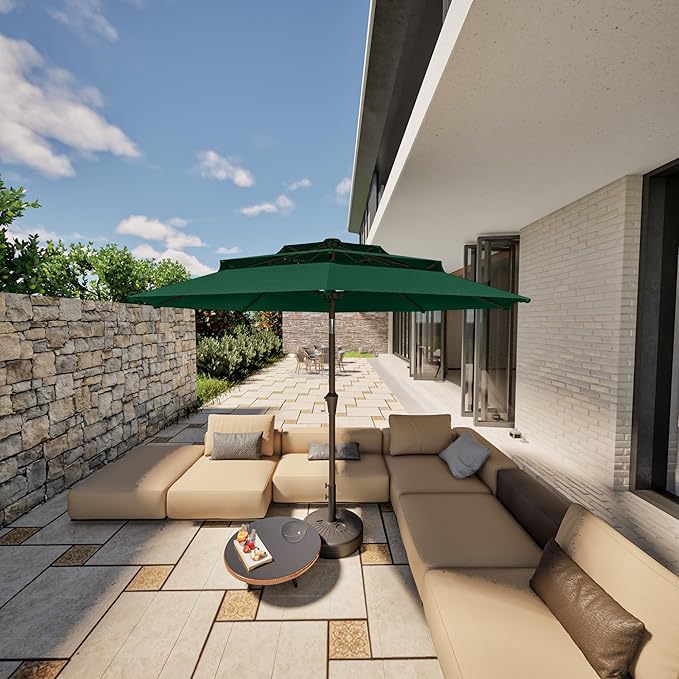 PatioKingdom 9ft 3-Tier Patio Market Umbrella with Crank/Tilt, Commercial Heavy Duty Wind Proof,Outdoor Table Umbrella with 8 Fiberglass Ribs,UPF50+ for Deck,Pool,Garden,Backyard (Dark Green)