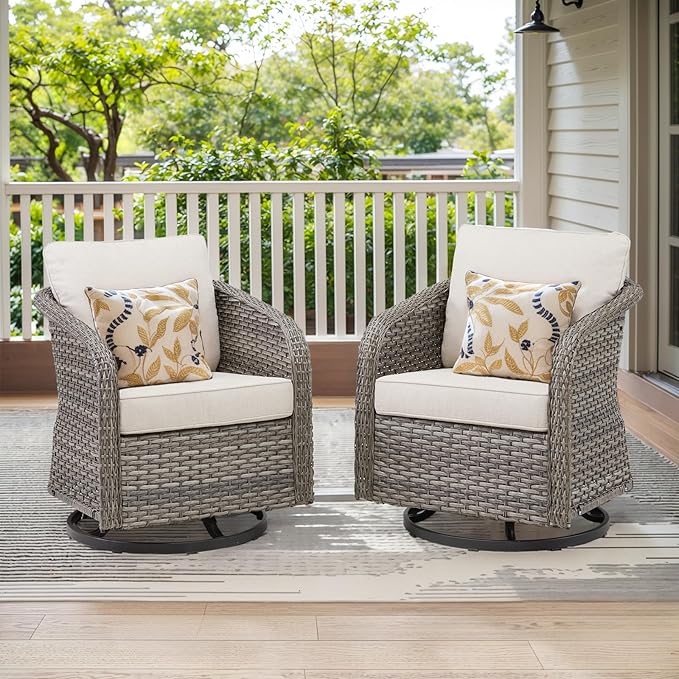 Belord Swivel Outdoor Rocker Patio Chairs - Outdoor Swivel Rocking Chairs Set of 2, Wicker Chair Outdoor Patio Furniture Sets with Removable Cover Thick Cushions for Porch Balcony Deck Grey/Beige