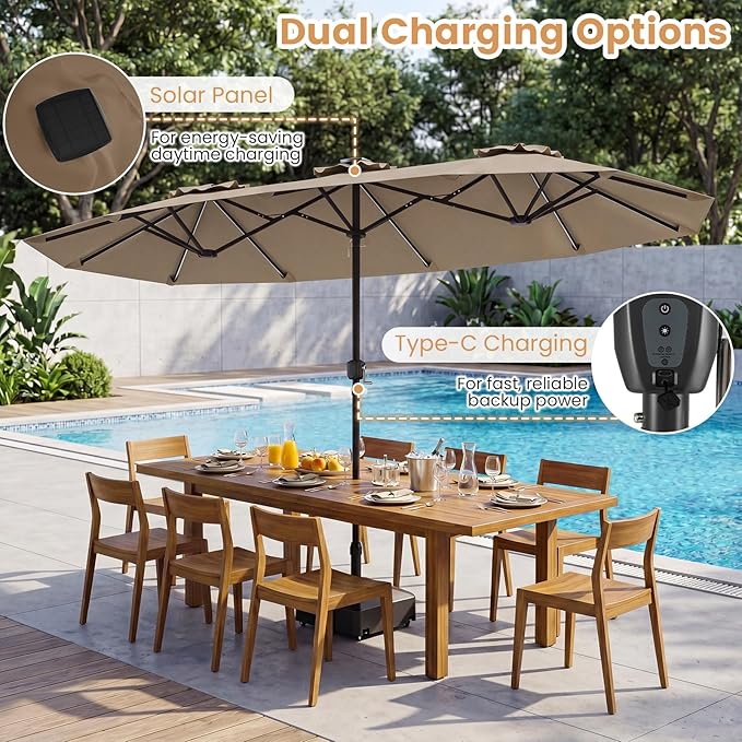 Tangkula 13 Ft Solar Patio Umbrella, Double-Sided Extra Large Outdoor Market Table Umbrella with Multi-Colored Flowing LED Lights, Crank Handle, 12 Sturdy Ribs for Poolside, Garden & Backyard (Tan)
