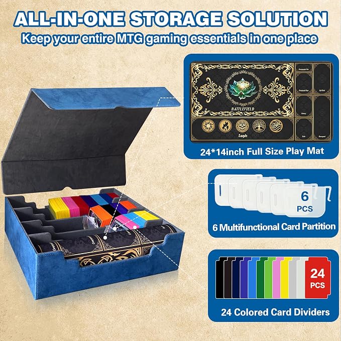 PROMAXIBINDER Trading Card Storage Box Fits 4000+ Cards, 4-Row MTG Commander Deck Case with Playmat, 6 Movable Partitions 24 Dividers PU Leather Magnetic Closure, Magic/TCG/YuGiOh/Sport (Blue&Grey)