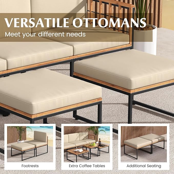 Tangkula 6 Pieces Acacia Wood Patio Furniture Set, Outdoor Sectional Conversation Sofa Set with Cushions, Coffee Table and Ottomans, Metal Frame Patio Sofas for Garden, Poolside, Backyard, Beige