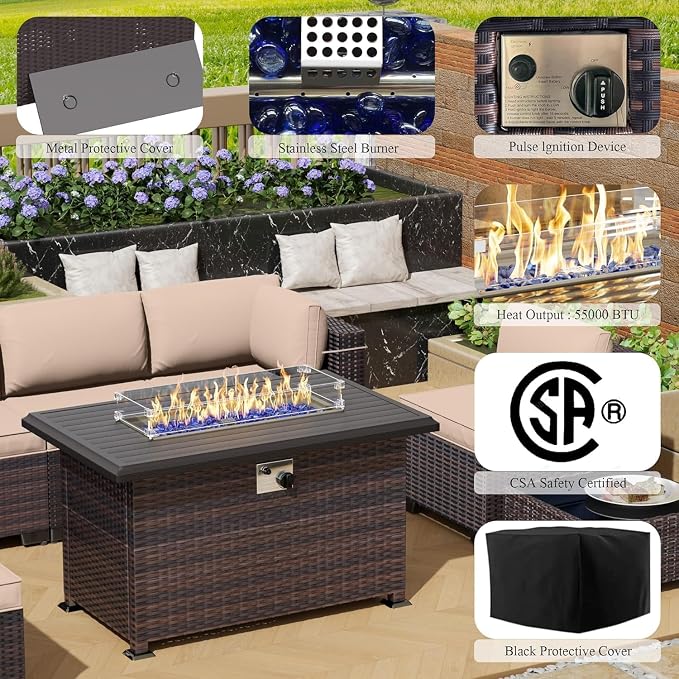 10 Pieces Outdoor Patio Furniture Set,Outdoor Sectional Furniture with 43" 55000 BTU Gas Propane Fire Pit Table,All Weather PE Rattan Wicker Patio Conversation Set with 2 Ottomans,Sand