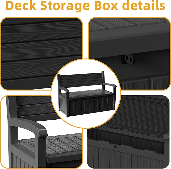 EasyUp 80 Gallon Outdoor Storage Bench Lockable Deck Box Outdoor Storage Box Waterproof for Patio,Garden,and Porch – Perfect for Storing Garden Tools and Cushions(Black Srtipe)