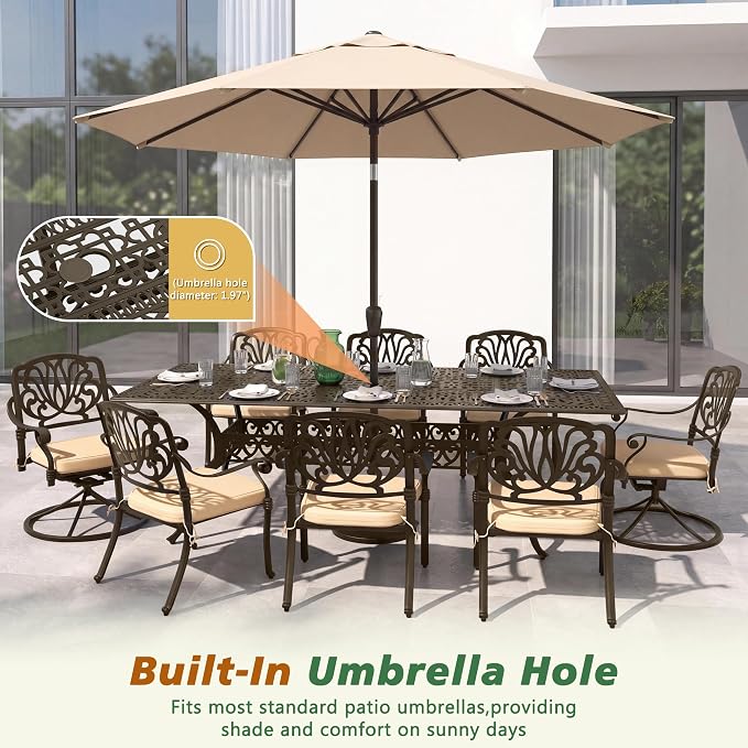 Patio Dining Table, Outdoor Patio Table with Umbrella Hole Bronze Square Cast Alluminum Patio Metal Dining Table, Outdoor Furniture for Backyard Lawn Balcony Deck (87" Rectangular)