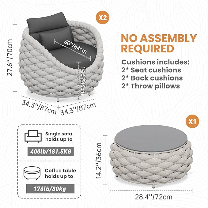 Front Porch Furniture Set 3 Piece: Aluminum Woven Rope Patio Conversation Sofa Set for 2 - Assembled Outdoor Deck Couch Armchair Set Cushions - for 400lb Balcony Pool Yard Bistro Hotel - Gray