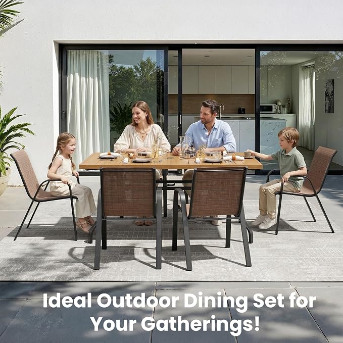 Soohow Outdoor Dining Set for 6, Outdoor Patio Dining Set 6 x Stackable Chairs & 1 x Wood-Like Outdoor Table with Umbrella Hole, All-Weather Patio Table and Chairs for Poolside, Backyard and Porch