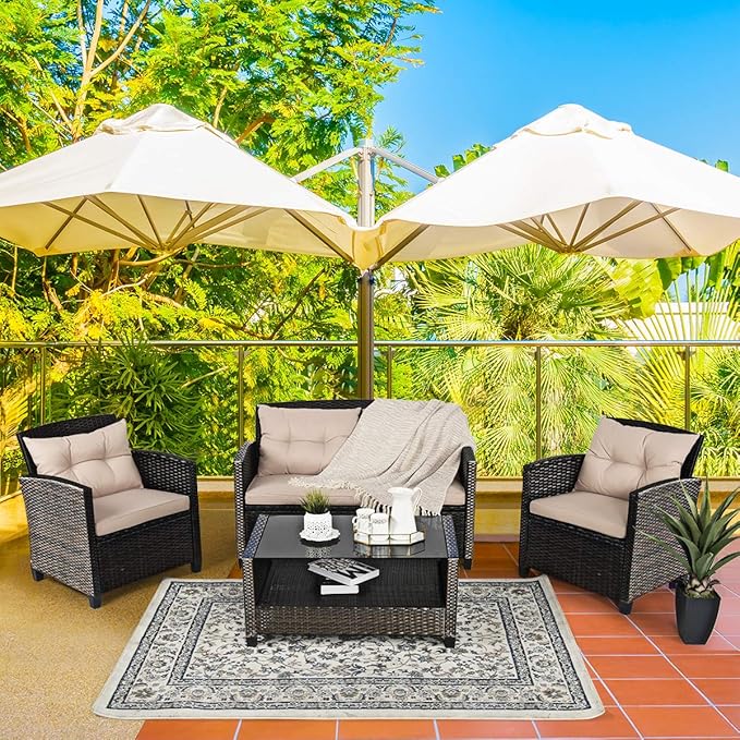Tangkula 8-Piece Outdoor Rattan Furniture Set, PE Rattan Wicker Sectional Sofa with Loveseat Chair & Glass Table, Patio Cushioned Conversation Sets for Backyard Porch Garden Poolside (2, Brown)