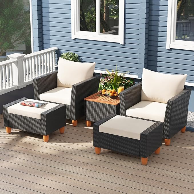 Tangkula 5 Pieces Patio Furniture Set, PE Rattan Chairs with Storage Table, Ottomans, Soft Pillows & Cushions, Acacia Wood Tabletop & Legs, Outdoor Conversation Set for Porch, Garden (White)