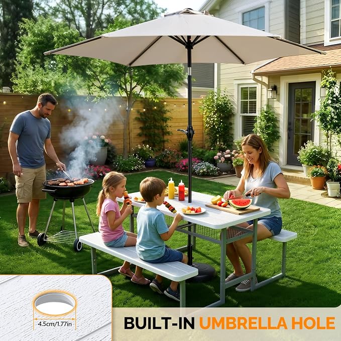 VINGLI Outdoor Picnic Table with Storage Shelf & Umbrella Hole, 4.5FT All Weather Metal Frame HDPE Tabletop Plastic Picnic Table for Dining Party Garden(White)