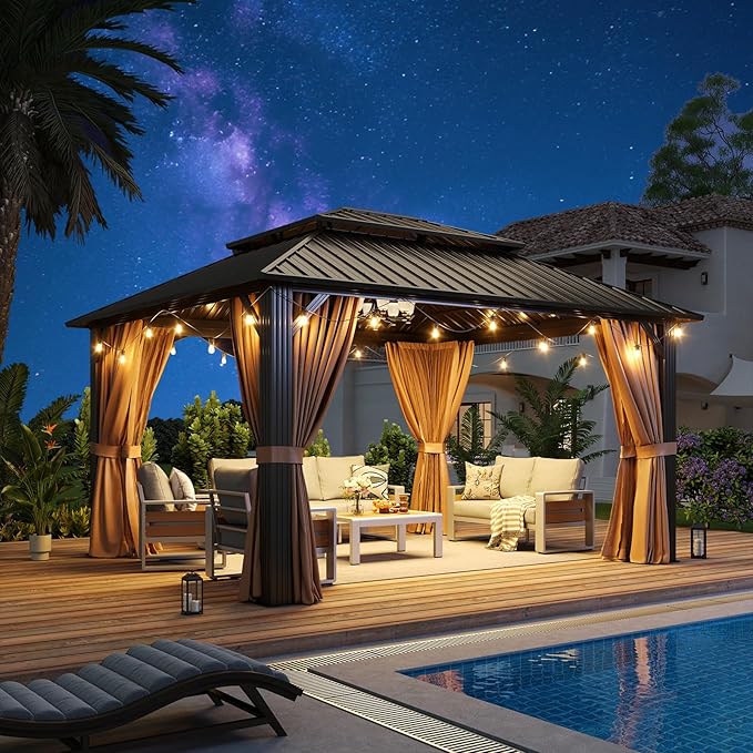 Aoxun 14’x10’ Outdoor Gazebo, Heavy Duty Canopy Pavilion with Ventilated Double Roof, Patio Pergola with Netting for Backyard, Garden, Deck (Brown)