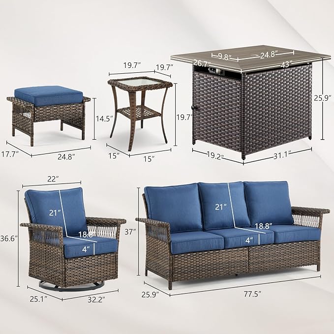 Patio Furniture Set with Fire Pit Table, 7PCS Patio Conversation Set Brown Resin Wicker Swivel Patio Chair Sofa Ottoman Set with Side Table and Fire Table PE Rattan Furniture Set