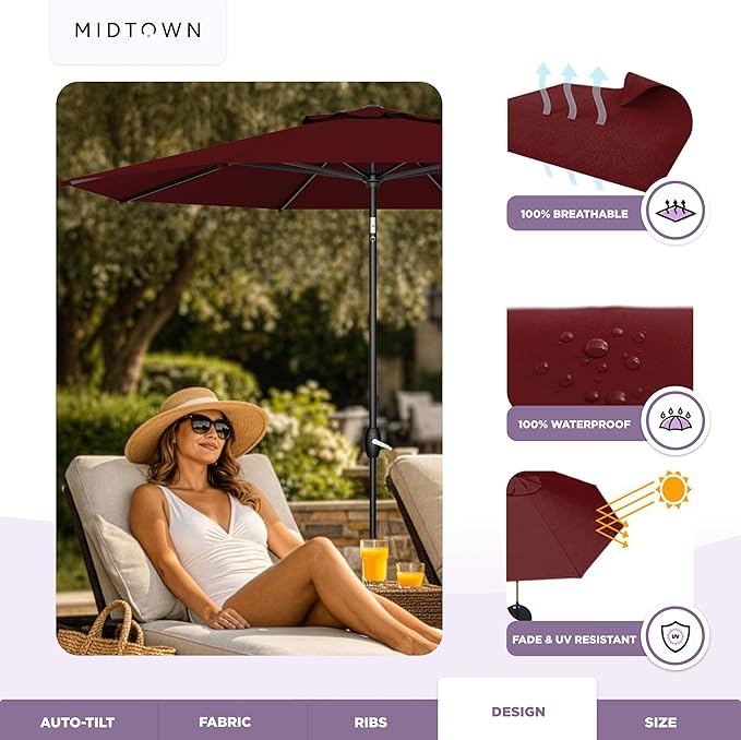 Midtown Umbrellas - The Lean 10 Ft Patio Umbrella with Fade-Resistant Sunbrella Fabric, Auto-Tilt Aluminum Frame and 8 Reinforced Ribs for Deck, Pool & Garden - Burgundy Canopy, Black Pole