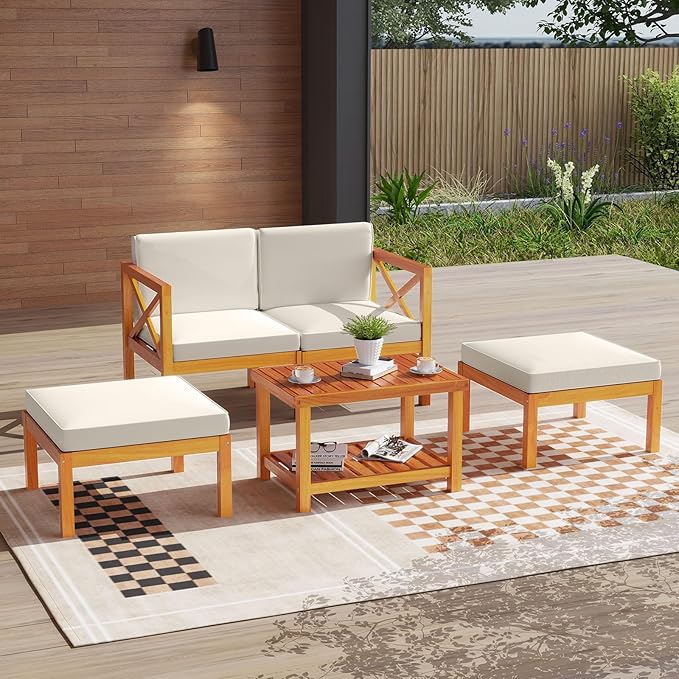 Tangkula 5 Pieces Acacia Wood Patio Chaise Lounge Chair Set with Ottomans and Cushions, Outdoor Patio Chairs Set with 2-Tier Coffee Table, Outdoor Conversation Set for Garden, Backyard and Poolside