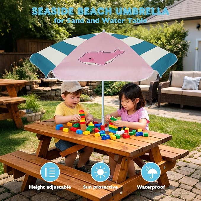 AMMSUN 5ft Seaside Umbrella for Sand Box Water Table - Kids Durable Umbrellas for children Picnic Beach Camping Garden Outdoor Play Shade Pink Dolphin