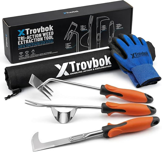 3-Piece Heavy Duty Weed Puller Tool Set with Protective Gloves & 420D Bag - 410 & 420 Stainless Steel Manual Dandelion Root Extractor & Crack Weeder, Gardening Hand Tools