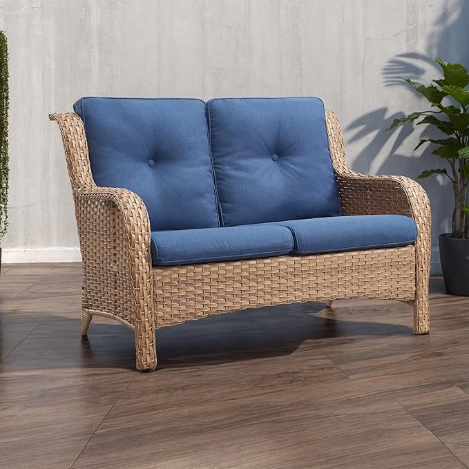 Rilyson Outdoor Loveseat Wicker Patio Sofa - 2 Seat Rattan Outdoor Couch Patio Furniture with Deep Seating and Comfortable Cushions for Porch Deck Balcony(Yellow/Blue)
