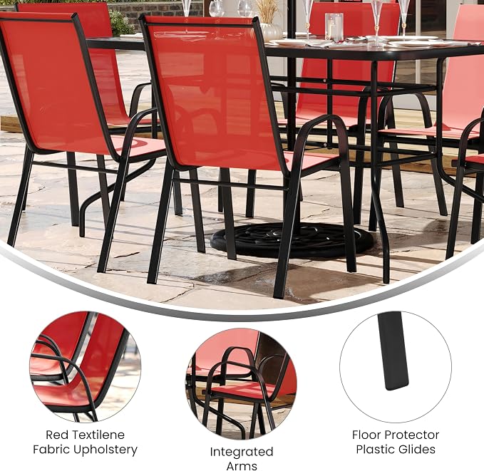 EMMA + OLIVER Seven Piece Indoor/Outdoor Dining Set - Metal Table with Tempered Glass Top - Six Red Flex Comfort Chairs- Umbrella Hole - All Weather