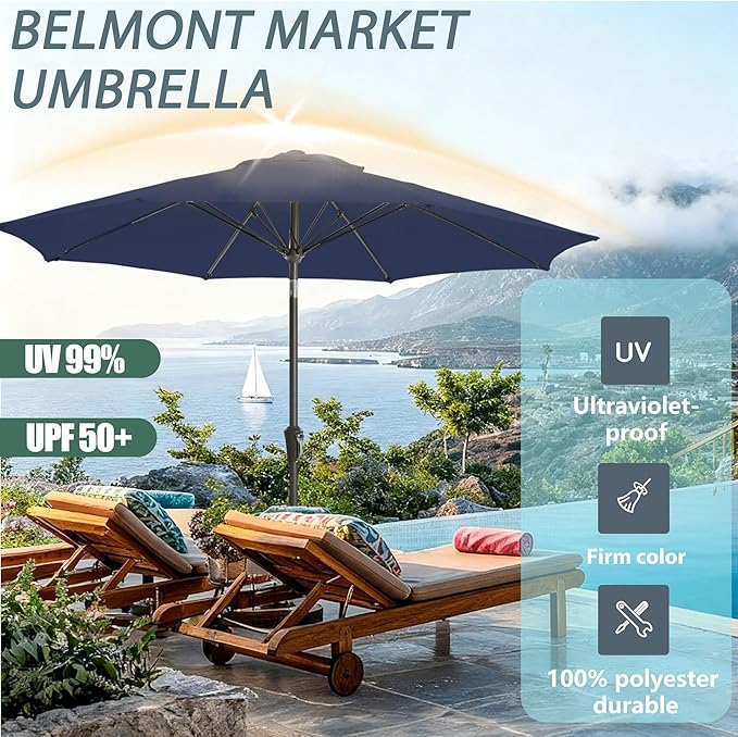 9FT Outdoor Patio Umbrella Outdoor pool Umbrella with Push Button Tilt and Crank, Market Umbrella 8 Sturdy Ribs UV Protection for Garden, Deck, Backyard (navy)