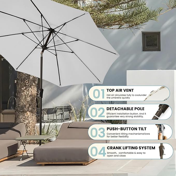 9FT Large Outdoor Patio Umbrella Market Table Umbrella-UV Resistant, Easy Push Button Tilt and Crank, 8 Sturdy Ribs Heavy-Duty Pool Umbrella for Deck,White