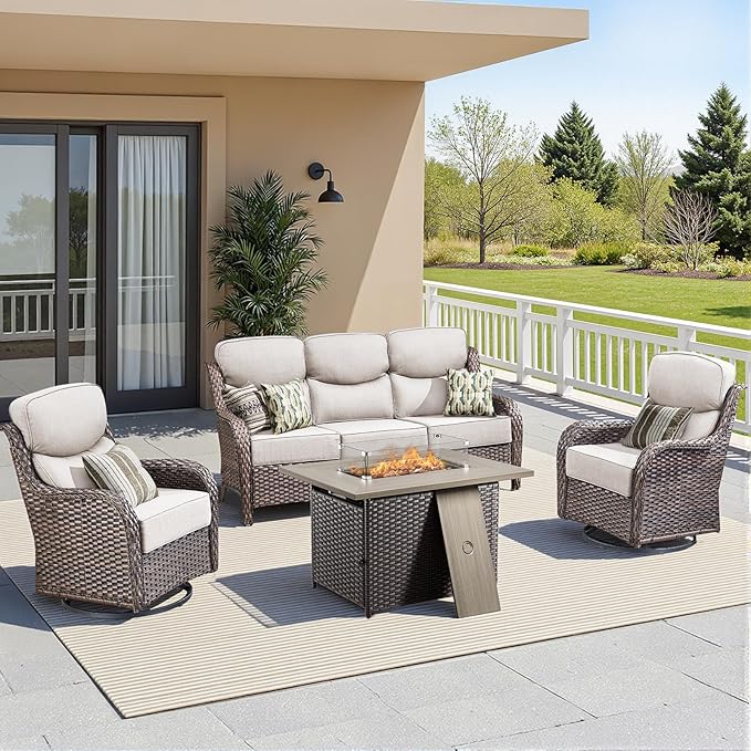 Luxury Patio Furniture Set with Fire Pit Table-4 Pieces High Back Wicker Swivel Rocker Chairs with 6" Extra Thick Cushions, Outdoor Patio Conversation Sets for Porch Deck Backyard(Brown/Beige)
