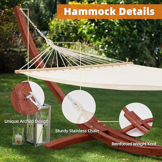 ECOTOUGE 13 FT Wooden Hammock with Stand, Outdoor Double Hammock with Wood Stand 2 Person Heavy Duty Hammock and Stand for Outside Backyard, Balcony, Porch, Patio, Garden, 550 lbs Capacity, White