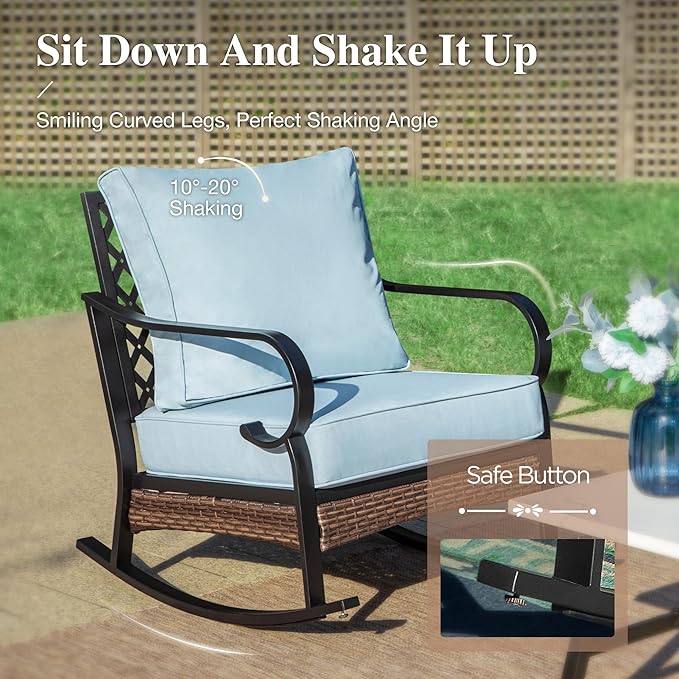 HERA'S HOUSE 5 Piece Metal Patio Furniture Set with 56" Fire Pit Table, All Weather Outdoor Conversation Set, 3 Seat Sofa with Loveseat, 2 Rocking Chairs, Seats 7 for Backyard, Garden, Deck, Blue