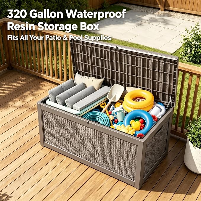 320 Gallon Waterproof Outdoor Storage Box, Lockable Deck Box with Built-In Handle for Patio Seat Cushions, Garden Tools, Pool Accessories, Light Brown