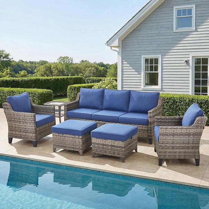 Belord Patio Chairs Set of 2 with 3-Seater Sofa, Outdoor Rattan Chairs for Deck Porch Garden, 6 Piece Luxury Patio Furniture Set, Blue
