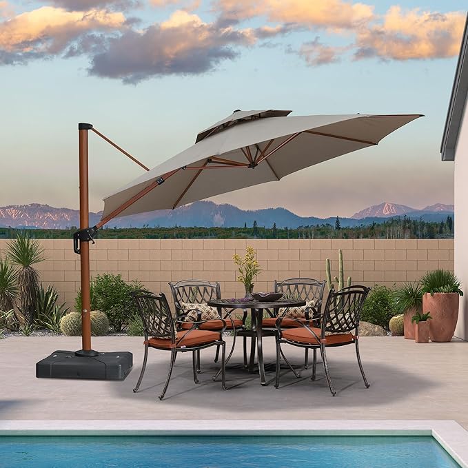 PURPLE LEAF 13ft Patio Umbrella Cantilever Umbrellas Outdoor Round Wood Umbrella Offset Umbrellas Heavy Duty Sun for Garden Deck Pool, Heather Taupe