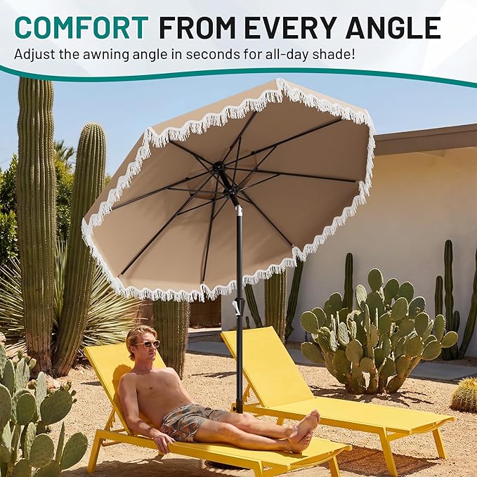AreShark 9FT Patio Umbrella with Fringe, Wind-Resistant Fiberglass 8 Ribs Tassel Outdoor Umbrella with Crank and Push Button Tilt, Double Tier Vent Sun Shade for Pool, Deck, Backyard, Beige