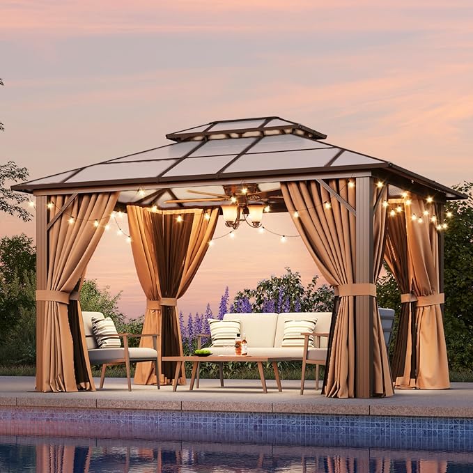 Aoxun 10'x12' Hardtop Gazebo, Outdoor Metal Gazebo with Double Polycarbonate Roof Canopy, Permanent Pavilion with Netting and Curtains for Lawn, Garden, Patio (Khaki)