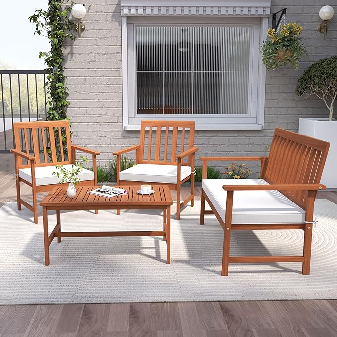 HAPPYGRILL 4 Pieces Acacia Wood Furniture Set, Patio Conversation Set w/Seat Cushions & Robust Wood Frame, Outdoor Loveseat Sofa, 2 Armchairs & Coffee Table Set for Backyard, Porch, Poolside (1)