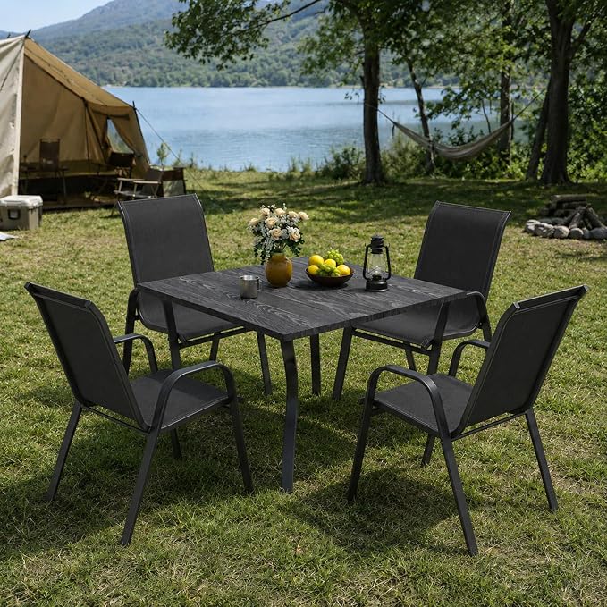 5 Piece Patio Dining Set, Stackable Outdoor Chairs Set of 4 with Textilene Fabric, 37.8" Wood-Grain Square Table with Umbrella Hole for Backyard Lawn Party (1 Table + 4 Chairs) (Black)