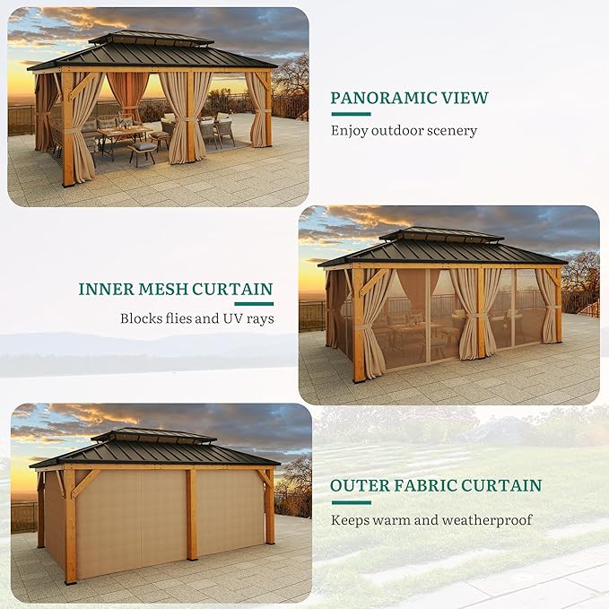 YITAHOME 12x20 Outdoor Wooden Gazebo Hardtop with Steel Roof, Heavy Duty Double Roof Galvanized Steel Gazebo with Nettings and Curtains, Permanent Wood Frame Aluminum Gazebo for Patio, Backyard, Deck