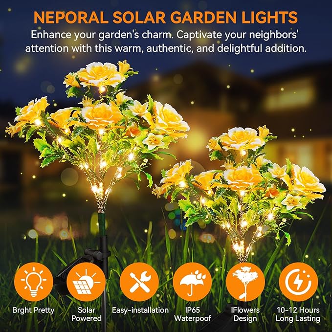 Neporal Solar Lights Outdoor Decorative, Solar Garden Lights with Carnation Flower, Solar Flower Lights Outdoor Garden Waterproof IP65 - Gardening Gifts for Women