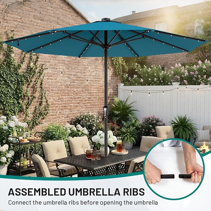 AreShark 12FT Large Patio Umbrella with Solar Lights, Solar Powered Outdoor Umbrella with Crank, Patio Table Market Umbrellas for Garden, Deck, Backyard, Pool and Beach, Lake Blue
