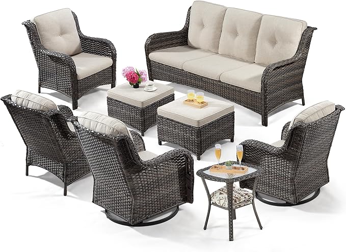 Wicker Patio Furniture Sets 8 Pieces with 3-Seat Sofa, 2 Swivel Rocking Armchairs, 2 Armchairs, 2 Ottoman and 1 Side Table Wicker Outdoor Furniture Sectional Conversation Set, Beige