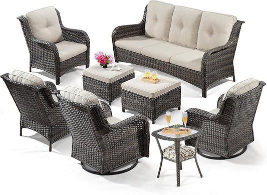 Wicker Patio Furniture Sets 8 Pieces with 3-Seat Sofa, 2 Swivel Rocking Armchairs, 2 Armchairs, 2 Ottoman and 1 Side Table Wicker Outdoor Furniture Sectional Conversation Set, Beige