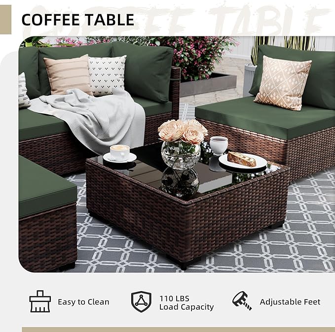 UPHA 5 Pieces Patio Furniture Sets, Wicker Outdoor Sectional Sofa Couch with Coffee Table, Patio Conversation Set for Deck Backyard Garden, Brown Rattan, Pine Green Cushion