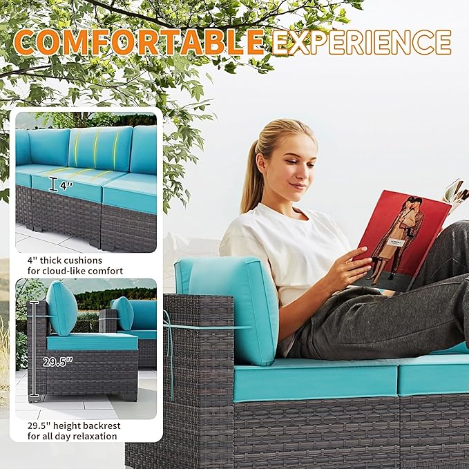 Gotland 13 Pieces Patio Furniture Set with Fire Pit Table, All Weather PE Rattan Outdoor Furniture with 29.5'' High Backrest 4’’ Thick Cushions Coffee Table, Patio Conversation Set for Deck, Blue
