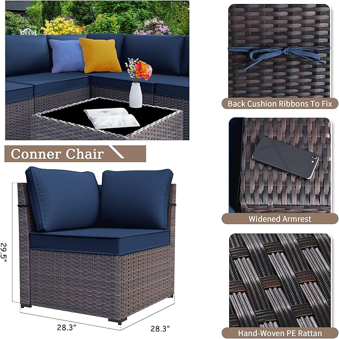 Patio Furniture Set Sofa 6-Pieces Wicker Sectional Sofa Set, Outdoor Furniture Rattan Patio Conversation Set with Thickened Cushion and Glass Coffee Table, Navy Blue