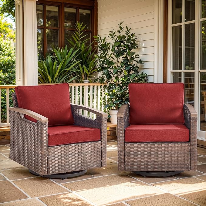 Luxury Outdoor Swivel Rocker Patio Chairs Set of 2 - Heavy Duty Metal Handrail All Weather Wicker Glider Chairs Set with Comfort Thick Cushion for Porch, Poolside and Deck - Red