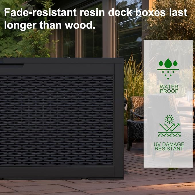 PatioZen 120 Gallon Deck Boxes Outdoor Waterproof, Weatherproof Outdoor Storage Boxes Lockable for Patio Furniture, Pool Supplies,Garden Tools(Black)