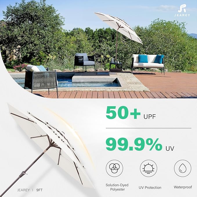 JEAREY 9FT 3 Tier Patio Umbrella Outdoor Market Umbrella Table Umbrellas with 8 Ribs 1.5 Pole Push Button Tilt and Crank UV Protection for Garden,Off-white