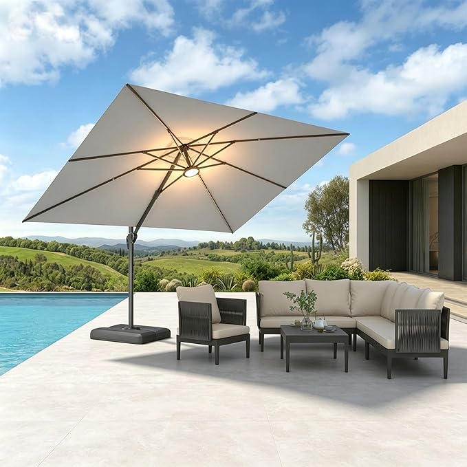 PURPLE LEAF Patio Umbrella 9' X 11.5' Cantilever Umbrella with Central Lights and Base Aluminum Outdoor Umbrellas with 360-degree Rotation & UPF40+ Fabric for Deck Pool Garden Yard, Pebble Grey