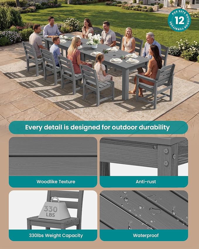 SERWALL Outdoor Dining Set for 10, w/ 2 Tables & 10 Chairs, Gray | All Weather Resistant HDPE Dining Sets for Patio, Garden, Backyard