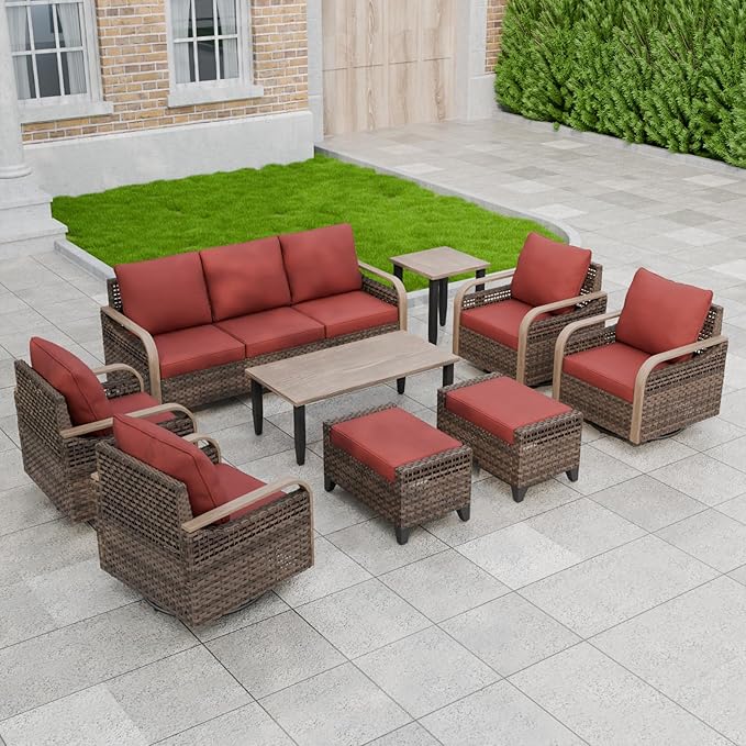 Modern Wicker Patio Furniture Set, Rattan Outdoor Conversation Set, 4 Swivel Rocking Chairs, 3 Seat Couch, 2 Ottomans, Coffee Table and Side Table, 9 Pieces, Brown/Red