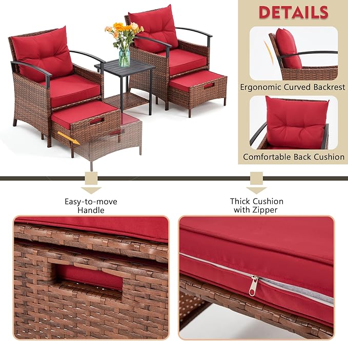 AVAWING 5 Pieces Patio Furniture Set, Outdoor Rattan Chairs with Metal Coffee Table, Ottomans & Soft Cushions, Wicker Conversation Bistro Set for Garden, Porch, Deck, Balcony (Red)